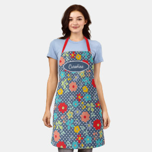 Leuke  Bloemen Polkadots Patroon op Blauw Schort