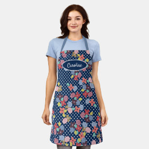 Leuke Bloemen Polkadots Patroon op Blauw Schort