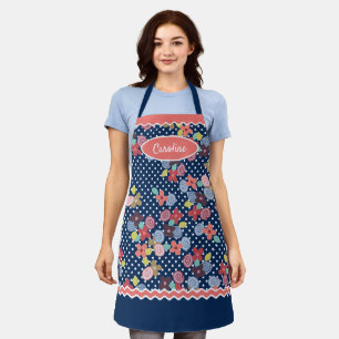 Leuke  Bloemen Polkadots Patroon op Donkerblauw Schort
