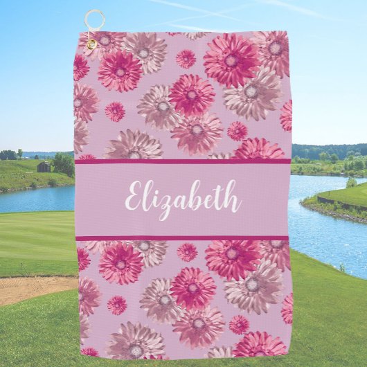Leuke bloemen roze gepersonaliseerde naam cadeau v golfhanddoek