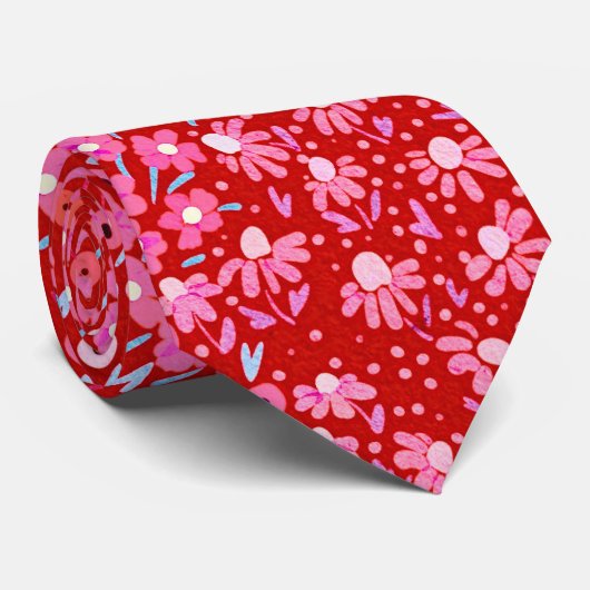 Leuke Bloemen Stropdas Rood Roze Heldere Wildflowe (Opgerold)