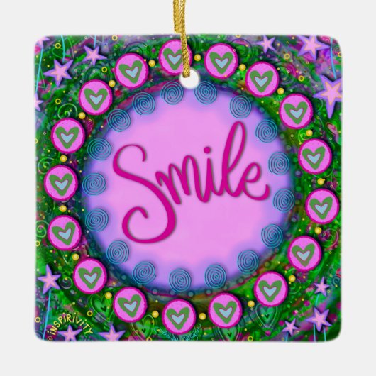 Leuke Bloemenglimlach Paarse Hart Inspirivity Keramisch Ornament (Voorkant)