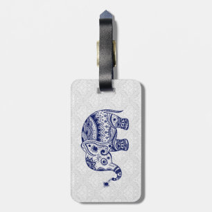 Leuke bloemenolifant in marineblauw & wit bagagelabel