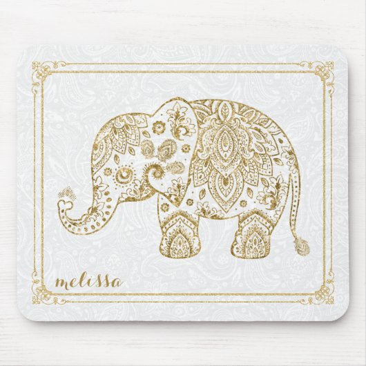 Leuke bloemenolifant & Lijst gouden glitter op wit Muismat (Voorkant)