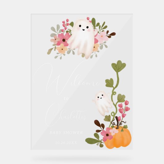 Leuke bloemenspookpompoen welkom baby shower acryl bord (Voorkant)