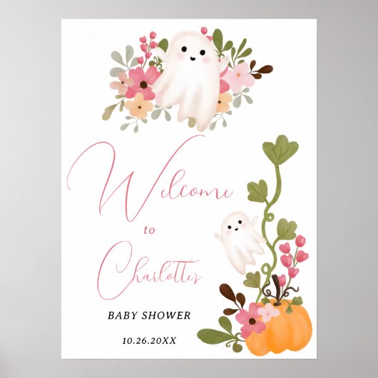 Leuke bloemenspookpompoen welkom baby shower poster (Voorkant)