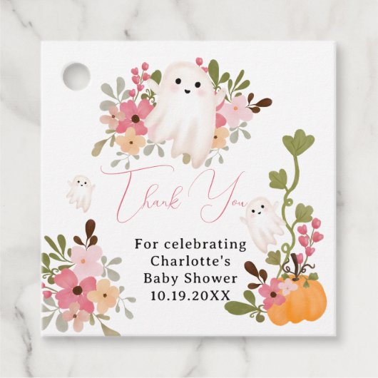 Leuke bloemige spookpompoen kleine boo baby shower bedankjes labels (Voorkant)