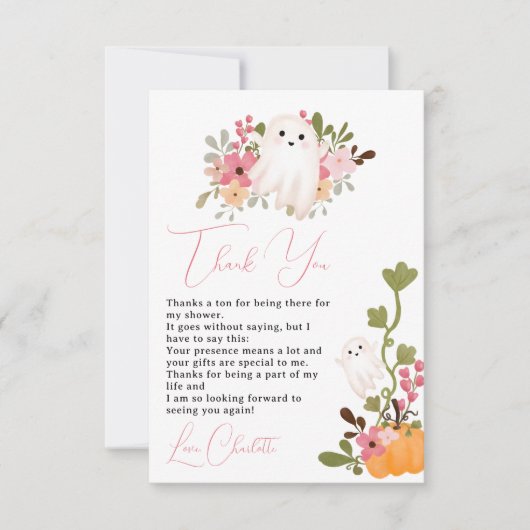 Leuke bloemige spookpompoen kleine boo baby shower bedankkaart (Voorkant)