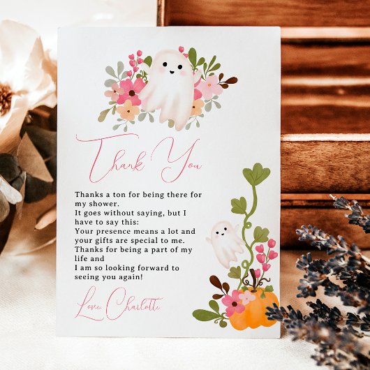 Leuke bloemige spookpompoen kleine boo baby shower bedankkaart