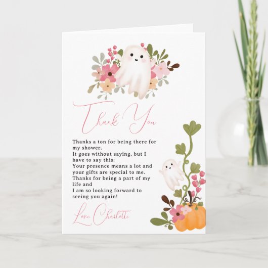Leuke bloemige spookpompoen kleine boo baby shower bedankkaart (Voorkant)