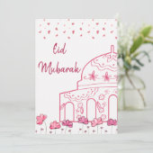 Leuke bloemrijke roze moskee islamitische Eid Muba Feestdagenkaart (Staand voorkant)