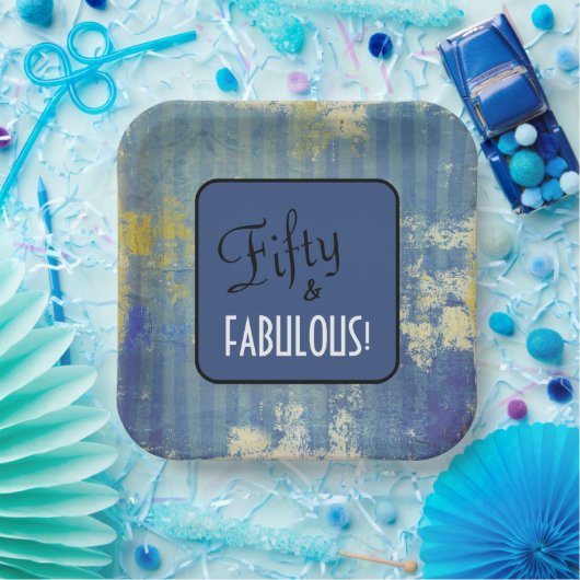 Leuke Blue Denim Pattern Fifty & FABULOUS! Birthda Papieren Bordje (Feest)