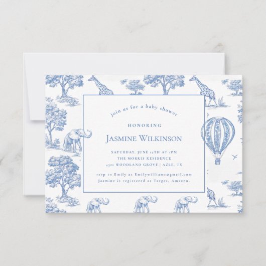Leuke Blue Safari baby shower Budget 3 bij 5 mini RSVP Kaartje (Voorkant)