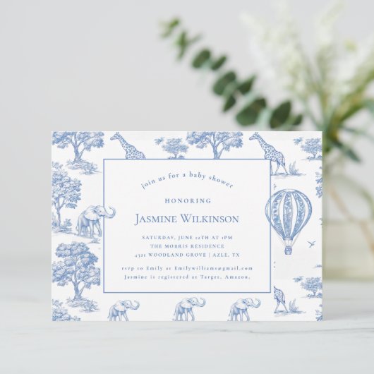 Leuke Blue Safari baby shower Budget 3 bij 5 mini RSVP Kaartje (Staand voorkant)