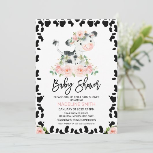 Leuke Blush Bloemen Koe Baby shower Kaart (Staand voorkant)