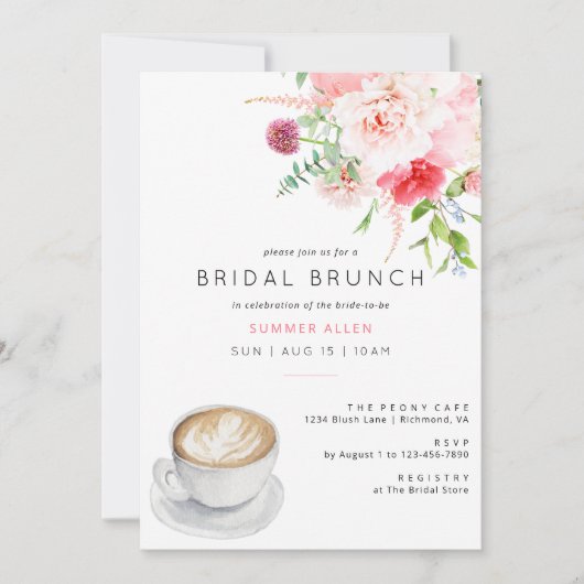 Leuke Blush Roze Koffie Pioen Tuin Bruids Brunch Kaart (Voorkant)