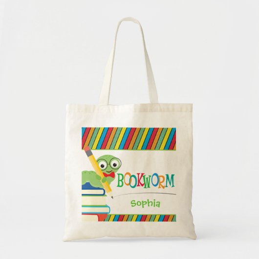 Leuke boekenwurm zitten op boeken gepersonaliseerd tote bag (Voorkant)