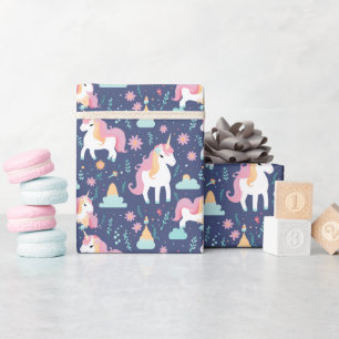 Leuke Boho eenhoorn regenboog wolken blauw roze Cadeaupapier