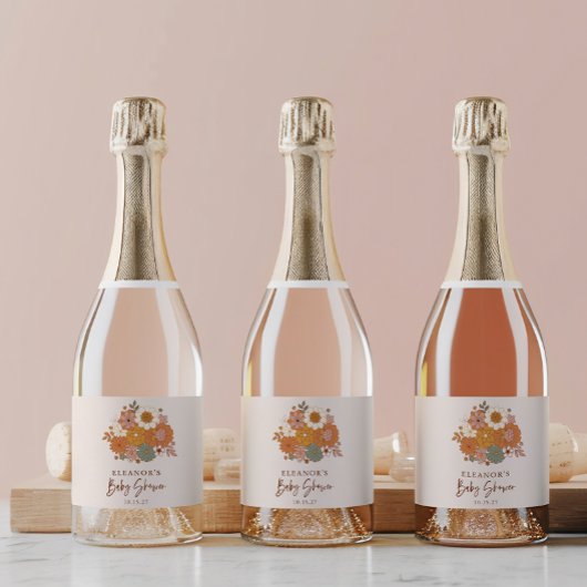 Leuke Boho Retro Bloemen Baby shower Aangepaste na Sparkling Wijnetiket