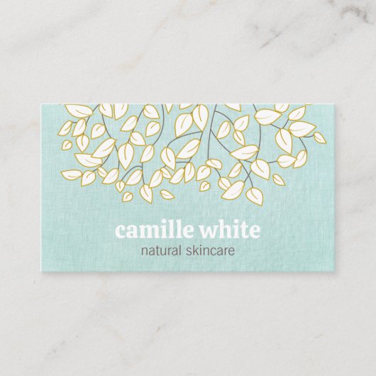 Leuke boom bladeren licht turquoise linnen look visitekaartje (Voorkant)