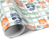 Leuke Bos Dier Mint Geruite Kinderen Verjaardag Cadeaupapier (Rol Hoek)