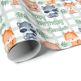 Leuke Bos Dier Mint Geruite Kinderen Verjaardag Cadeaupapier