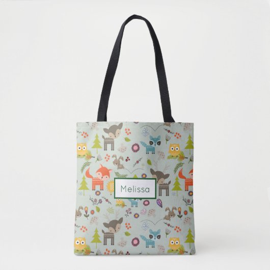 Leuke bosachtige wezens dierlijk patroon met naam tote bag (Voorkant)