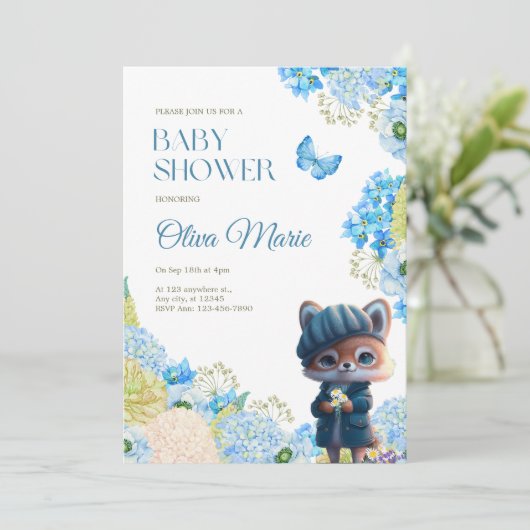 Leuke bosdieren Fox Blue Floral Baby shower Kaart (Staand voorkant)