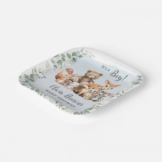 Leuke bosdieren groen jongen Baby shower Papieren Bordje (Gebogen)