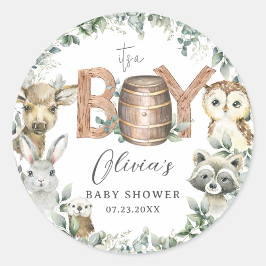 Leuke bosdieren groen jongen Baby shower Ronde Sticker (Voorkant)