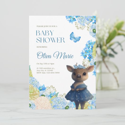 Leuke bosdieren herten blauw bloemig Baby shower Kaart (Staand voorkant)