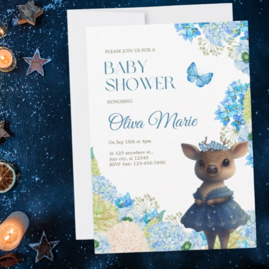 Leuke bosdieren herten blauw bloemig Baby shower Kaart