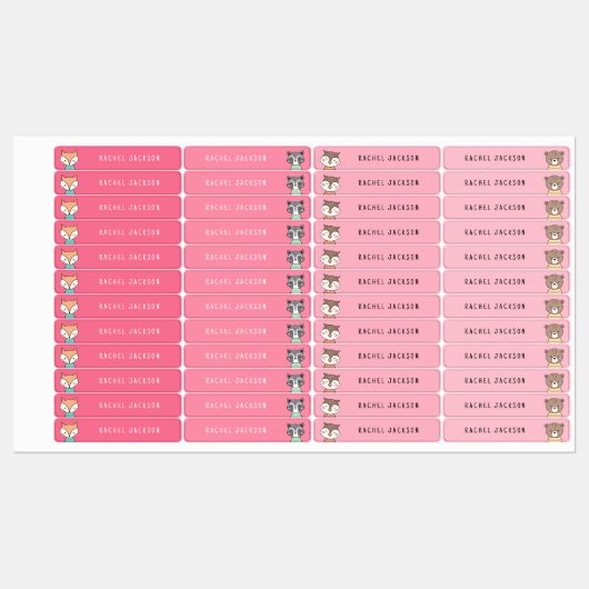 Leuke bosdieren roze kinder naam labels (Vel)