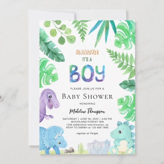 Leuke Botanische Het is een Jongen Dinosaurus Baby Kaart (Voorkant)