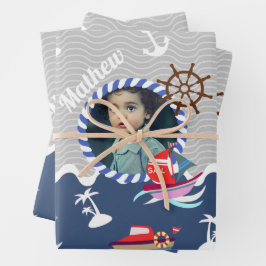 Leuke boten Foto Grijs Blauw Inpakpapier Vel