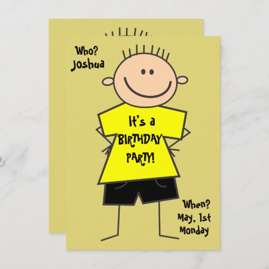 Leuke Boy Stick Figuur Verjaardag uitnodiging (Voorkant / Achterkant)