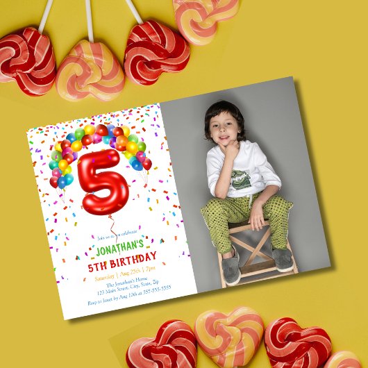Leuke Bright Confetti Ballonnen Foto 5e verjaardag Kaart