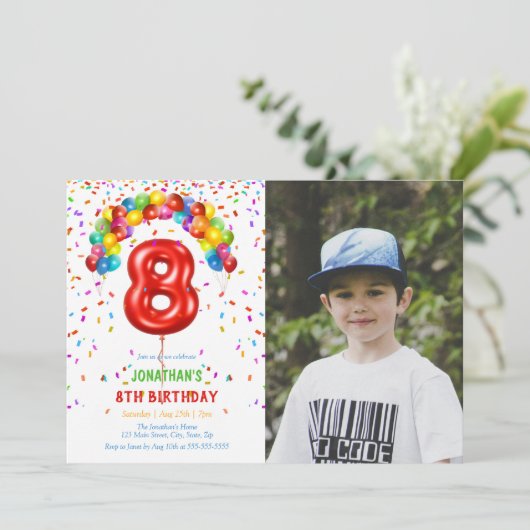 Leuke Bright Confetti Ballonnen Foto 8e Verjaardag Kaart (Staand voorkant)