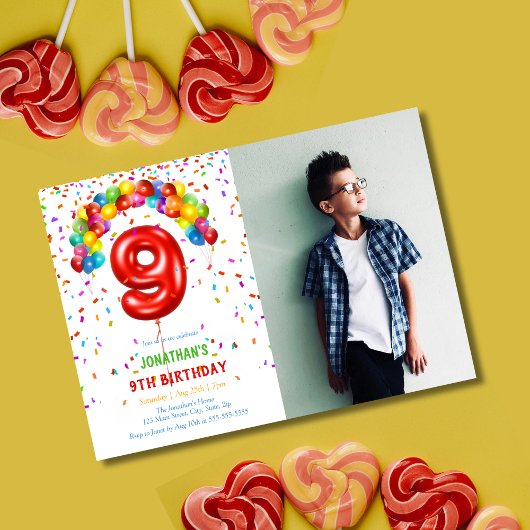 Leuke Bright Confetti Ballonnen Foto 9e Verjaardag Kaart