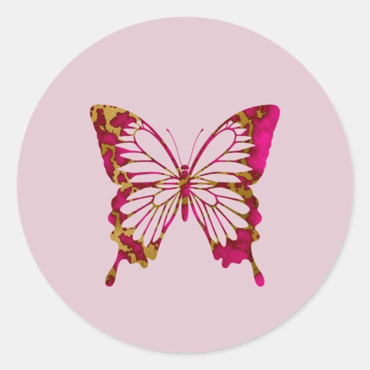 Leuke Bright Pink en Gold Marble Butterfly Ronde Sticker (Voorkant)