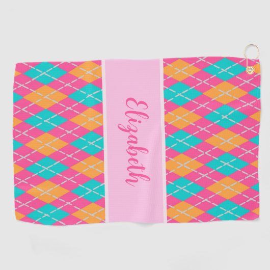 Leuke Bright roze preppy argyle aangepaste naam da Golfhanddoek (Horizontaal)