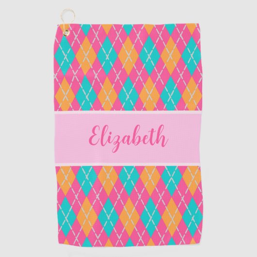 Leuke Bright roze preppy argyle aangepaste naam da Golfhanddoek (Voorkant)