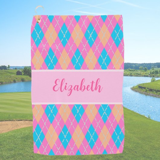 Leuke Bright roze preppy argyle aangepaste naam da Golfhanddoek