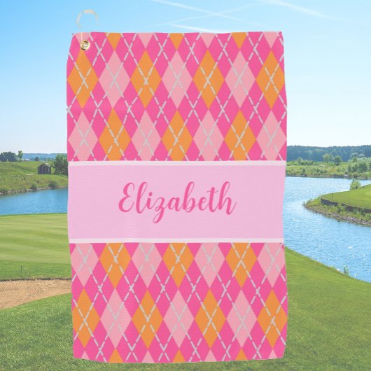 Leuke Bright roze preppy argyle aangepaste naam da Golfhanddoek