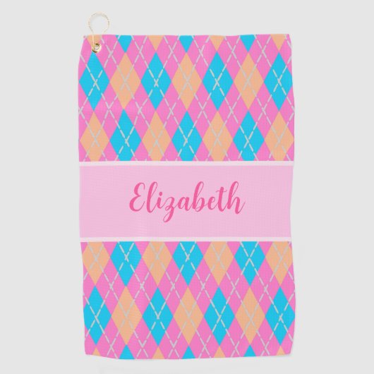 Leuke Bright roze preppy argyle aangepaste naam da Golfhanddoek (Voorkant)