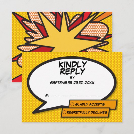 Leuke bruiloft Comic Book Speech Bubble RSVP Kaartje (Voorkant / Achterkant)
