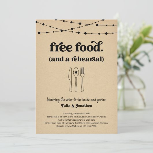 Leuke bruiloft repetitie diner uitnodiging (Staand voorkant)