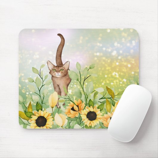 Leuke Bruine Kat in een Zonnebloementuin Mousepad Muismat (Met muis)