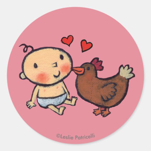 Leuke Bruine Kip Peck op de Wang voor Baby Ronde Sticker (Voorkant)
