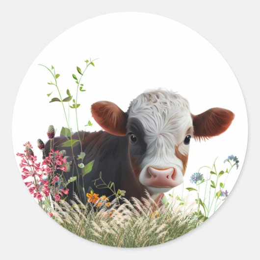 Leuke Bruine Koe zittend in de tuin Ronde Sticker (Voorkant)